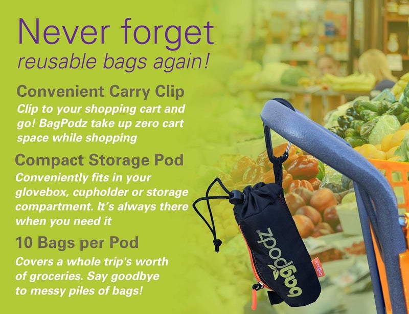bagpodz Sturdy Reusable Grocery Bags Foldable and Washable - Made From RipStop Nylon Hold 50lbs - Designed in USA Reusable Shopping Bags Inside a Compact Pod with Carry Clip - 10 Pack in Blue - Image 5